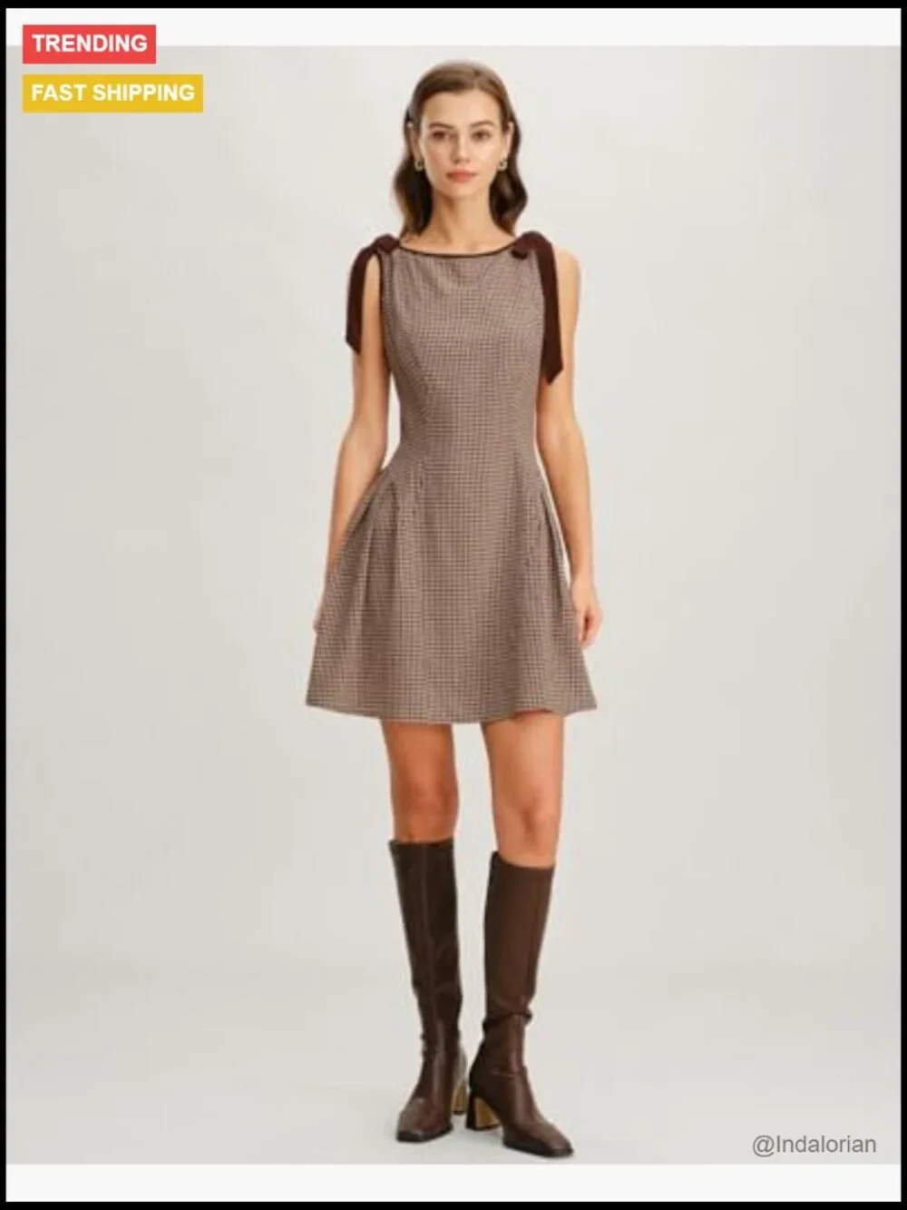 Women's Plaid Boat Neck A-Line Midi Dress - Vintage Fit & Flare Dress - Picture 2 of 7